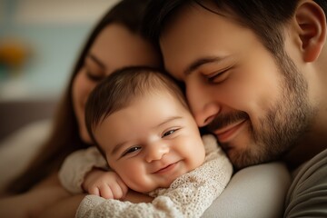 A couple lovingly embraces their smiling baby, depicting joyous family moments filled with affection.