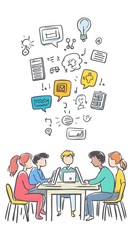 Students sitting around an office table, their laptops and digital devices in front of them, doodle style