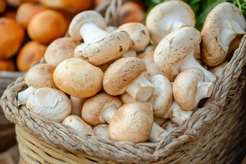 Close-up of a basket filled with fresh mushrooms, showcasing the bounty of a local market, ready for culinary use.
