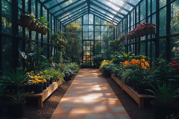 Sunlit Greenhouse Interior with Vibrant Flowering Plants and Lush Greenery - Gardening and Botanical Enthusiast's Haven