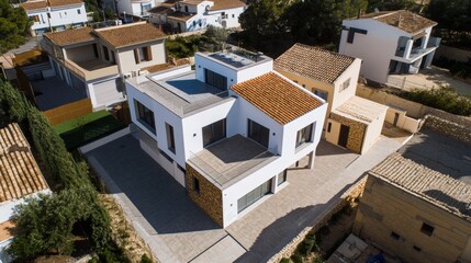 Aerial view of a modern white house with a flat roof and a minimalist design, surrounded by a residential area.