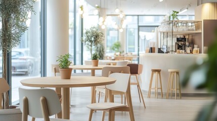 Fototapeta premium Bright and airy modern café interior with wooden furniture, potted plants, and large windows, offering a cozy and inviting atmosphere.