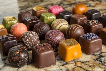 Variety of Gourmet Chocolate Truffles and Pralines with Unique Flavors and Toppings - Artisan Confectionery Display