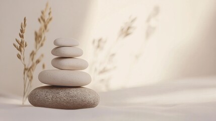 A stack of smooth stones balanced delicately in a minimalist composition, representing harmony and simplicity.