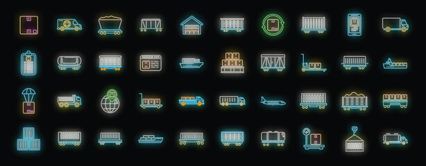 Glowing neon icon set representing various aspects of logistics, including freight transport, warehouse operations, delivery services, cargo transportation, and logistics management