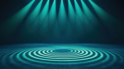 Fototapeta premium Dramatic teal spotlight illuminating concentric circles on a dark stage, creating a captivating atmosphere for creative projects.