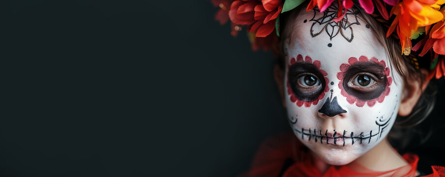 Small cute girl with skull makeup and flower crown, cavalera costume over dark background. Banner with copyspace. Shallow depth of field.