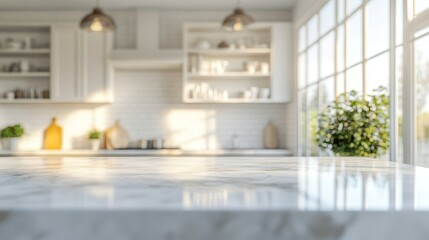 In a modern kitchen, a large marble countertop is central, enhanced by bright lighting that highlights its elegant and functional design, all set against a softly blurred backdrop for extra charm