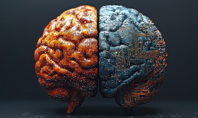 brain split in half, one side organic structure and other circuitry digital elements. AI's role as technology reaching human levels of intelligence and integration into daily lives through devices. 