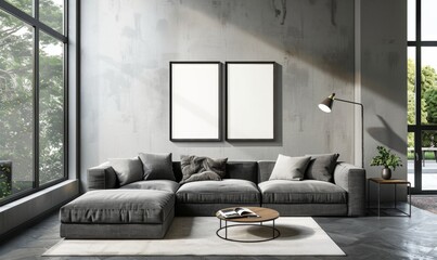 Fototapeta premium beautiful interior design furniture with mockup poster artwork with border frame interior house template for your design clean minimalist style decoration home interior background ideas