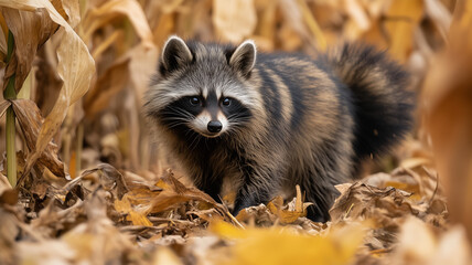 収穫後のトウモロコシ畑を調べるタヌキ