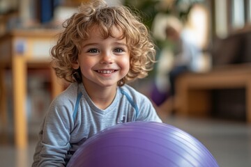 Happy Child on Violet Fitness Ball with Physiotherapist: Pediatric Physical Rehabilitation Session