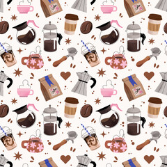 Coffee seamless pattern Kettles, arabica coffee, cup, espresso, cappuccino, beans. Doodle minimalist flat clip art. Perfect for coffee shop adds design.