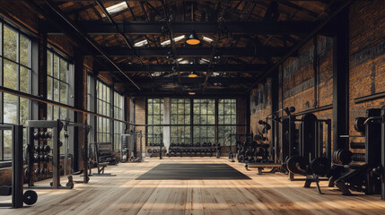 Fototapeta premium A gym with a lot of equipment and a lot of windows