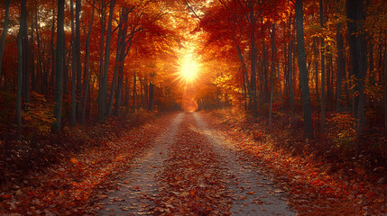 Obraz premium Autumn Woodland Trail: A peaceful woodland trail covered with a mosaic of fallen leaves, bordered by tall trees in full autumn bloom, with dappled sunlight filtering through the branches, creating a