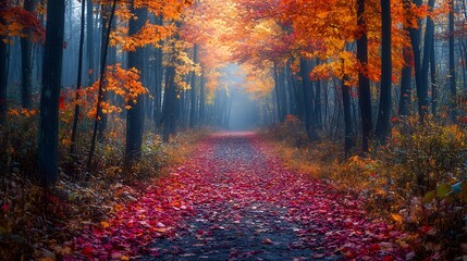 Fototapeta premium Autumn Trail: A serene trail winding through a forest, with the ground blanketed in colorful autumn leaves, surrounded by trees with vibrant fall foliage, and the soft glow of sunlight peeking