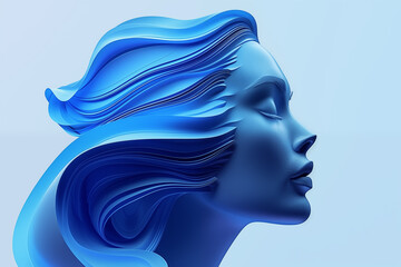 Elegant blue abstract portrait showcasing flowing hair against a soft gradient background. Abstract face for presentation of cosmetic procedures