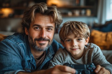 Father and Son Enjoying Quality Time with Video Games on the Sofa: Fun Bonding at Home