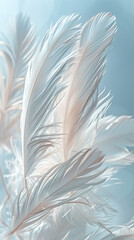 White feathers floating in the sky, delicate texture, fine feather details, light blue background, natural lighting, soft tones, macro lens, delicate and elegant.