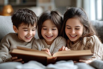 Happy Family Bonding: Mom and Kids Reading Together on the Couch for Learning and Fun
