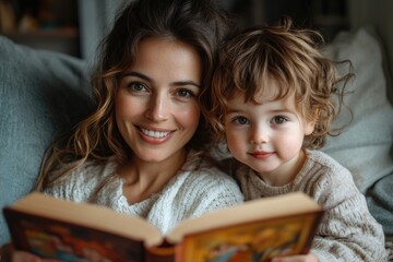 Happy Family Bonding: Mom and Kids Reading Together on the Couch for Learning and Fun