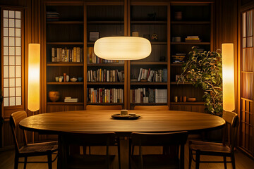 Cozy Dining Room with Warm Lighting and Wooden Interior Design