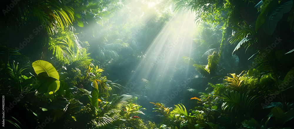 Poster sunlight filters through lush greenery, creating a serene and magical jungle atmosphere filled with 