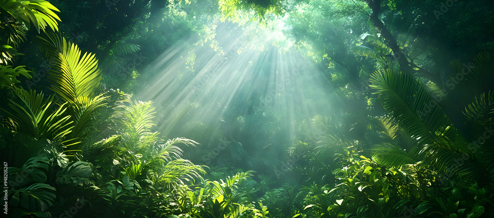 Poster a serene jungle scene with rays of sunlight filtering through lush green foliage, creating a tranqui