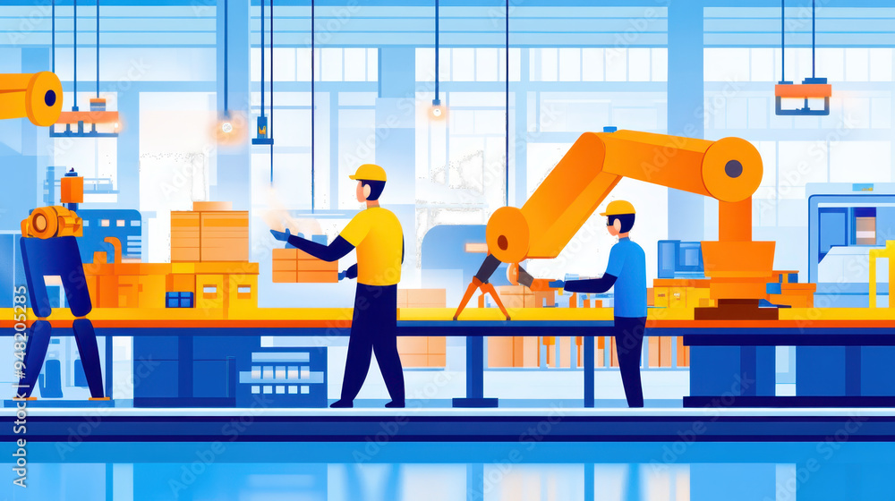 Aufkleber illustration of a modern automated warehouse with robots and workers collaborating on a production l