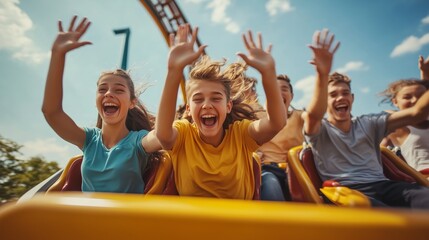 Joyful teens enjoying an adrenaline-filled ride on a roller coaster at an amusement park on a sunny day