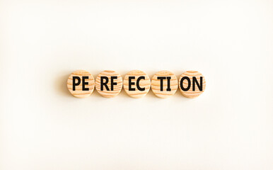 Perfection symbol. Concept word Perfection on beautiful wooden circles. Beautiful white background. Business perfection concept. Copy space.