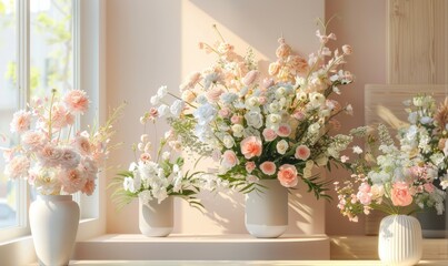 A modern florist shop presents a delicate arrangement of pastel flowers, creating a soft, inviting atmosphere with a touch of spring freshness