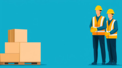 Industrial loading dock, workers in safety vests and gloves, flat design illustration