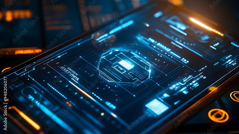 Poster futuristic digital wallet smartphone interface with hexagon infographic dashboard