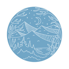 Mountains patch in line art style. For printing on mugs and T-shirts. white outline on blue background. Nature and travel concept. Vector illustration.