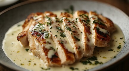 Grilled Chicken Breast with Herbs and Cream Sauce on a Plate