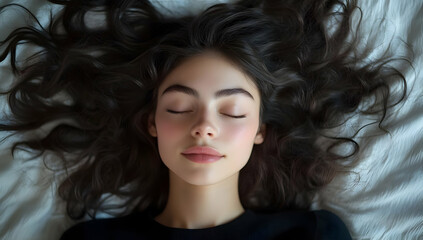 A serene portrait of a young woman lying on a bed, with flowing dark hair and a peaceful expression, embodying tranquility and beauty.