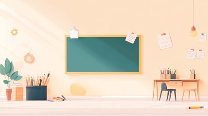 Vibrant Classroom Scene with Educational Elements on Colorful Background for Marketing Materials