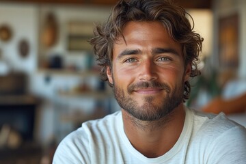 Cheerful Man with a Radiant Smile Poses Happily for the Camera in a Cozy Home Setting
