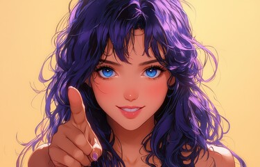 Fototapeta premium A cute girl with long, dark purple hair and blue eyes, smiling and pointing at the viewer, against a yellow background