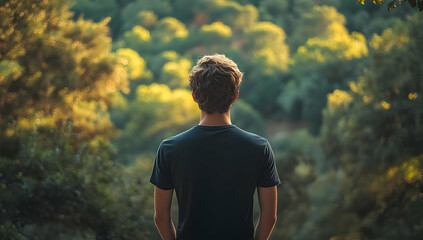 Obraz premium A lone figure stands in nature, gazing over lush greenery, embodying tranquility and reflection in a serene outdoor setting.