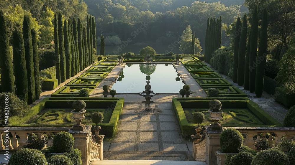 Poster a classic formal garden with symmetrical pathways, pool, surrounded by classical sculptures and a gr