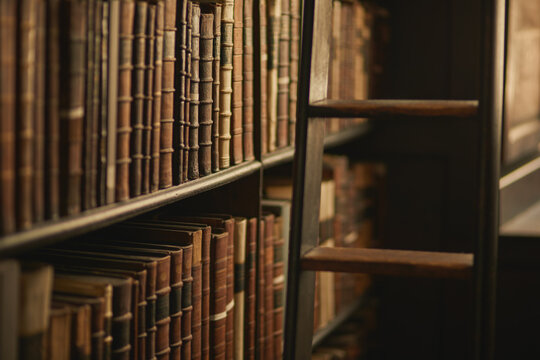 Books, library and row of literature on shelf, vintage aesthetic and textbooks for education. Bookcase, university study and spine of classical fiction collection, philosophy volume and information