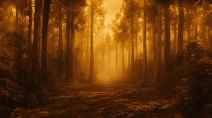 Obraz premium An enchanted forest shrouded in thick fog, with towering trees and a mystical ambiance that evokes a sense of wonder.