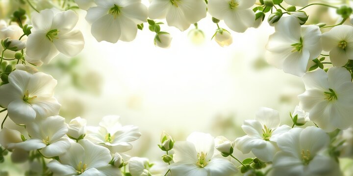 A gentle abstract background featuring white geranium flowers with soft emerald tones and ample copy space