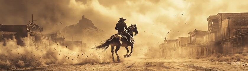 A dramatic scene of a cowboy riding through a dusty western town, capturing the essence of the wild west.