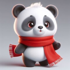 cute 3d fluffy Chinese style panda teddy bear character with red scarf