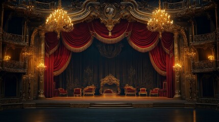 A theater stage with heavy, gold-fringed red velvet curtains
