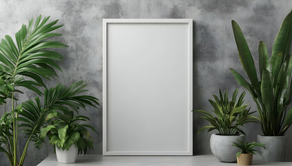 Blank picture frame on wall surrounded by lush green plants, ideal for modern interior decor and design inspiration.