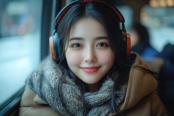 Happy Young Asian Woman Enjoying Music with Wireless Headphones While Traveling on a Tram